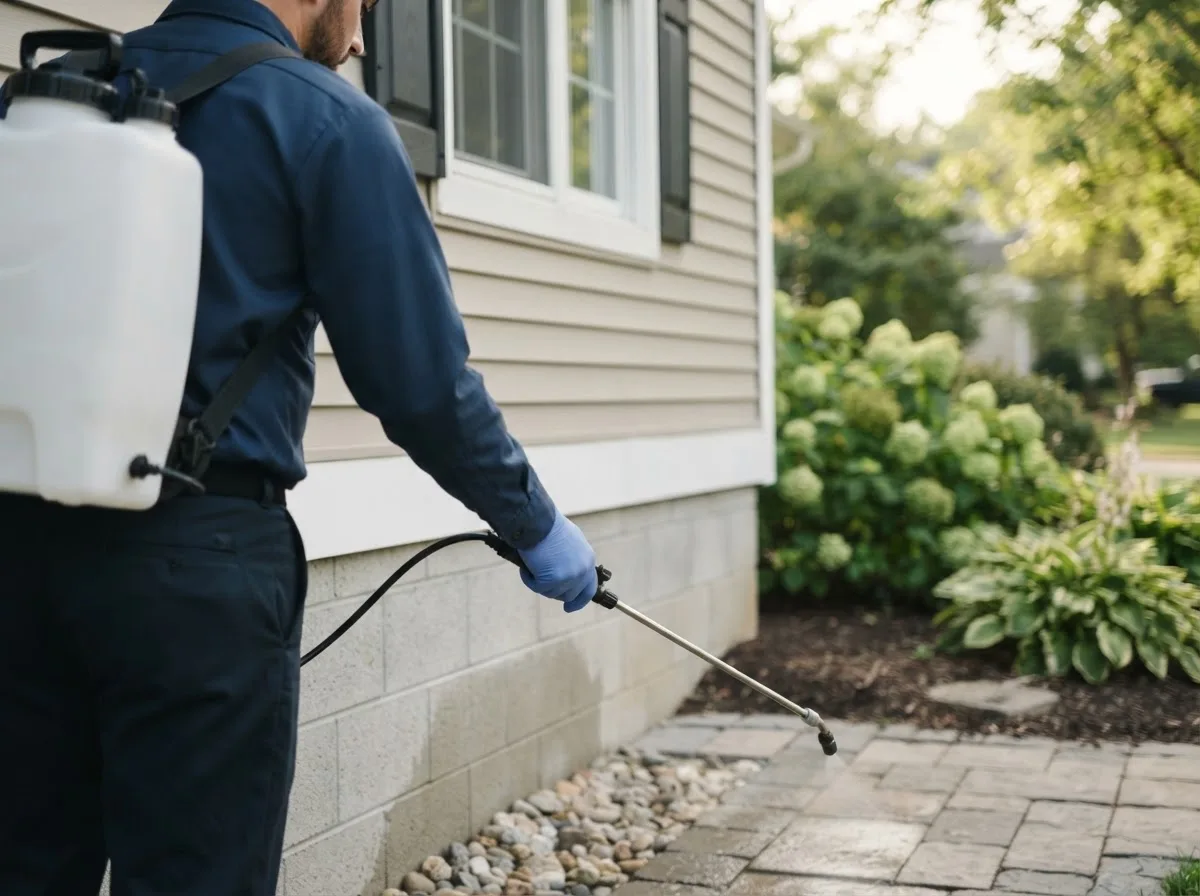 Pest control technician inspecting a home in Exeland, WI